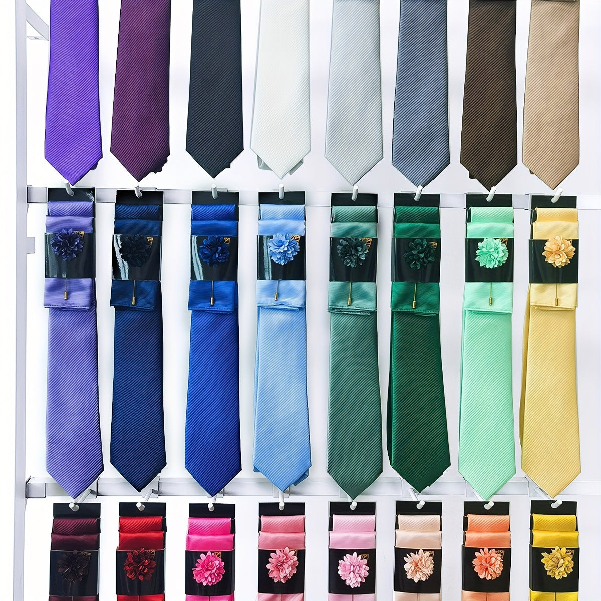 Men's Tie Set with Pocket Towel and Brooch, Classic Striped Plain Design