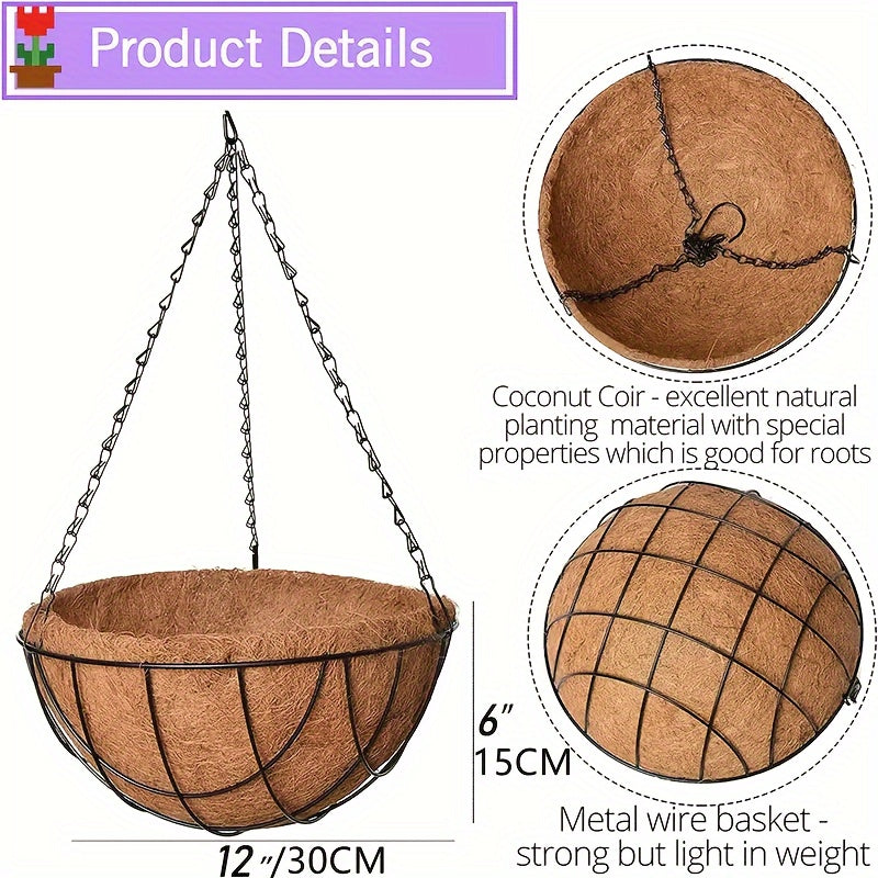 Set of 2 Metal Hanging Plant Baskets 10-Inch Round Wire with Coconut Liners for Outdoor Garden Decor