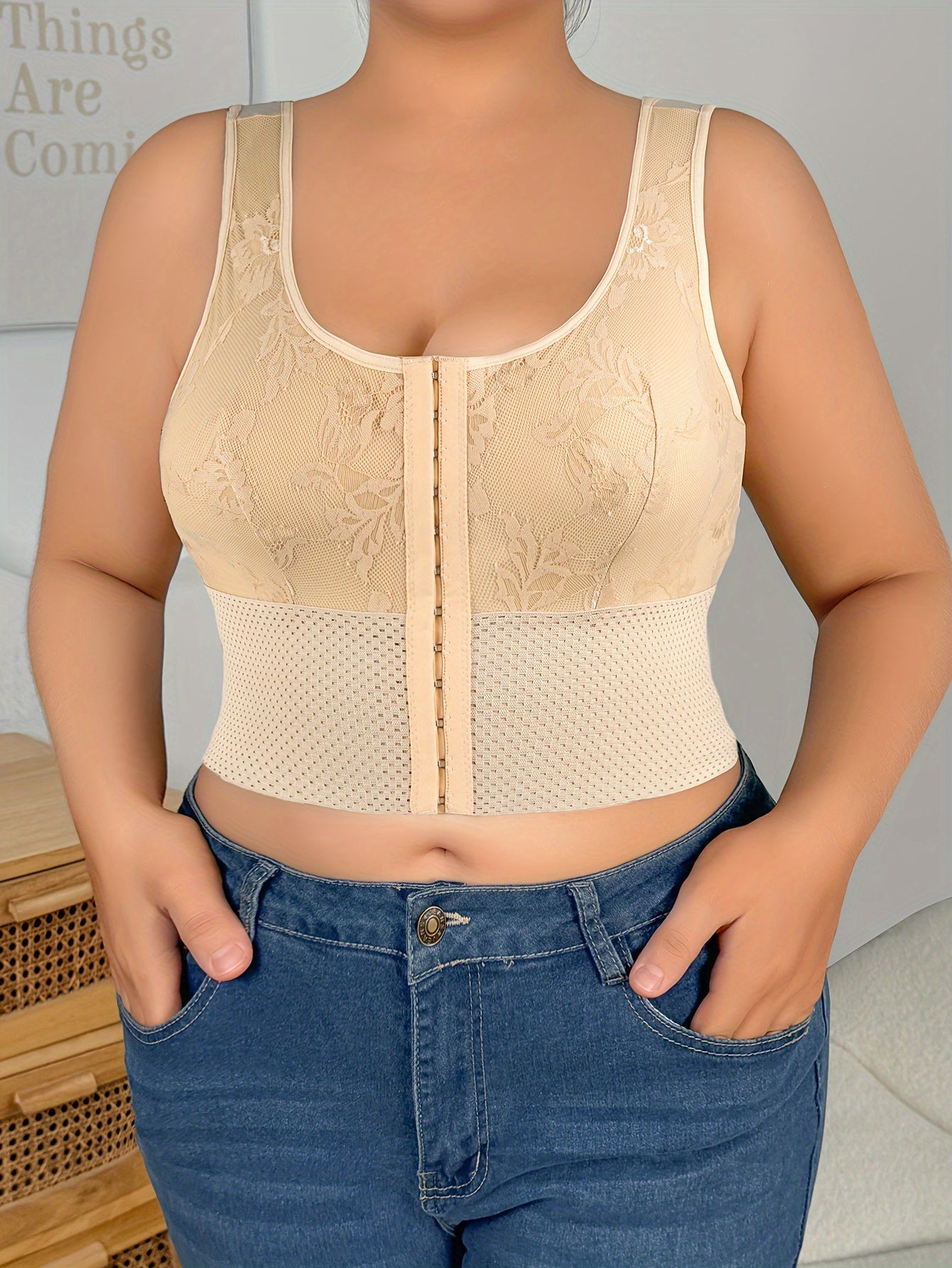 Top de prendas moldeadoras florales de talla grande, nylon y elastano, cierre frontal, sin relleno, chaleco adelgazante