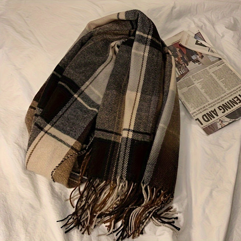 Men's Warm Fringe Hem Plaid Scarf for Winter Cold Weather Accessories
