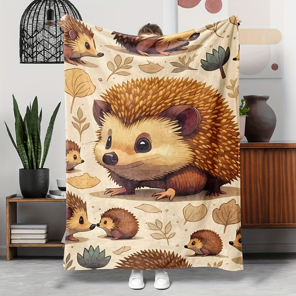 Hedgehog Flannel Throw Blanket All-Season Soft Cozy Hypoallergenic with Autumn Leaves Design