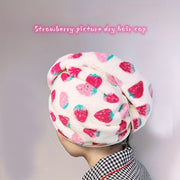 Women’s Strawberry Pattern Hair Drying Cap Soft Coral Fleece Quick-Dry Frizz Control