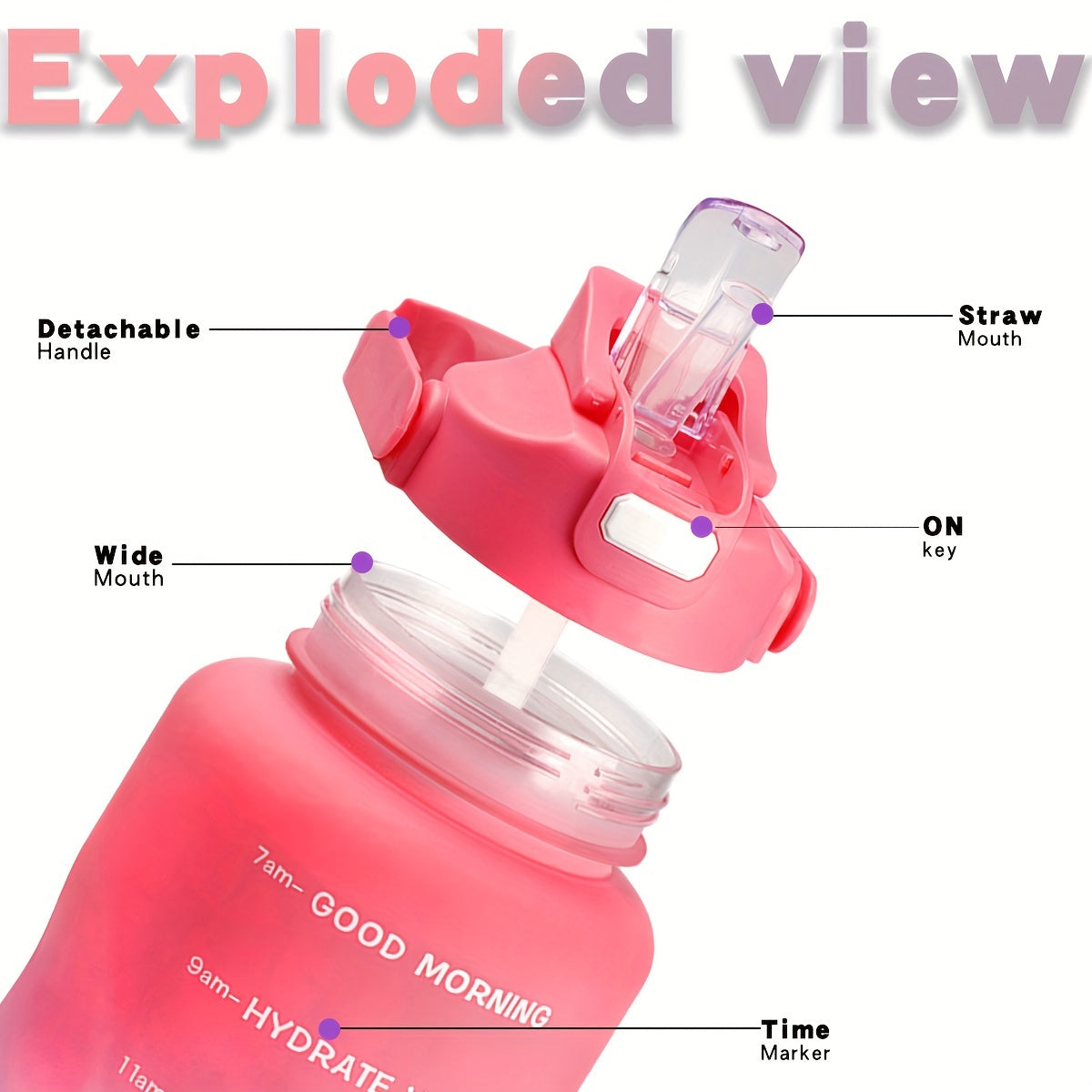 Botella de agua deportiva de gran capacidad con marcador de tiempo, a prueba de fugas, libre de BPA para correr y hacer ejercicio