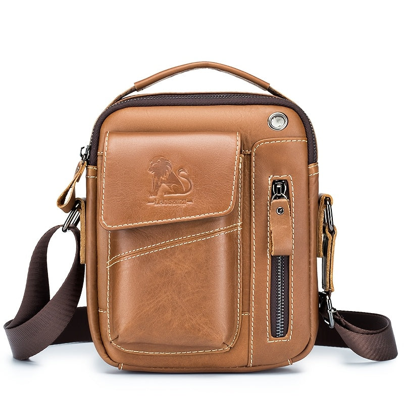 Men's Genuine Leather Crossbody Bag with Multi-Compartment Zipper Dark Brown