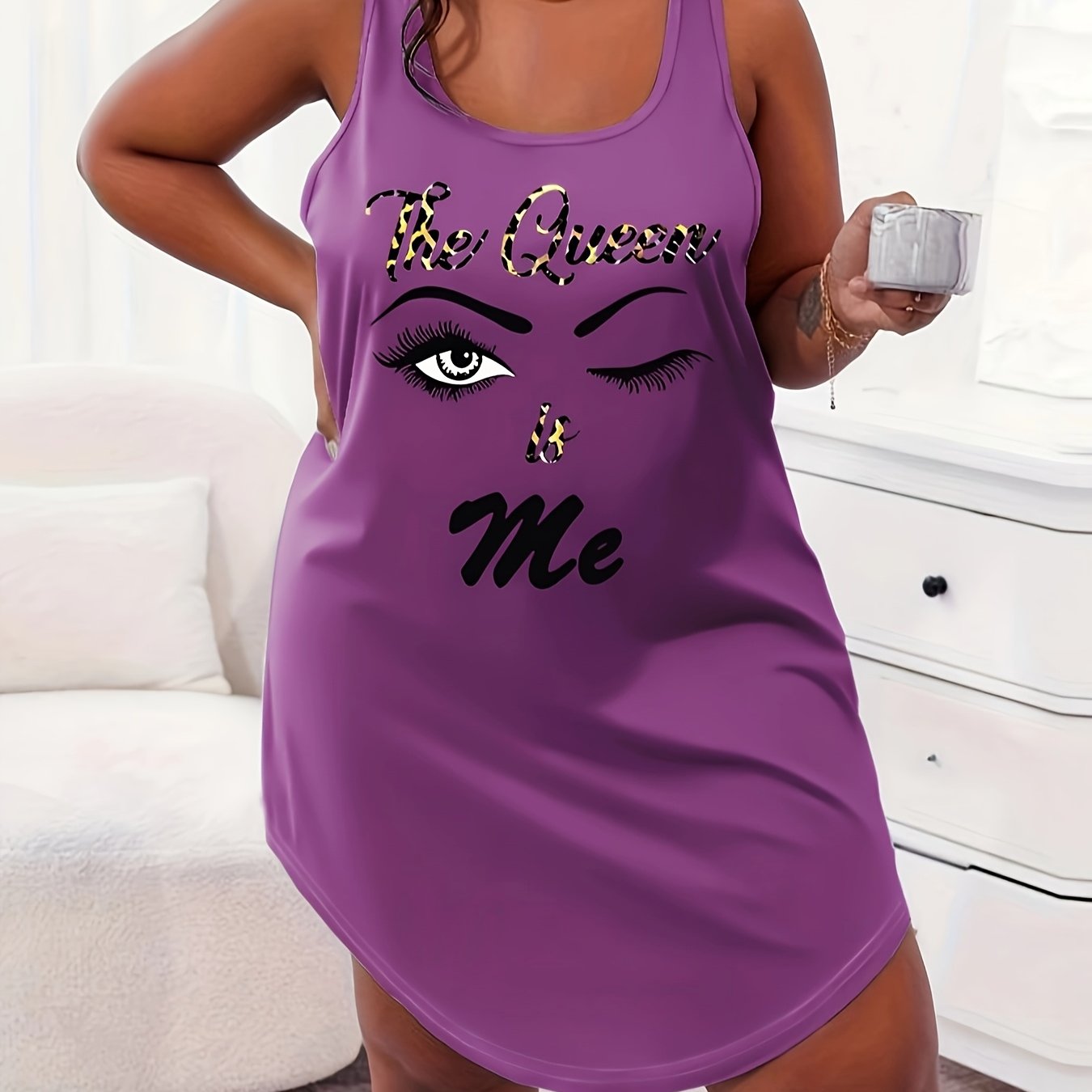 Plus Size Sleeveless Letter Print Tank Dress Casual Nightwear Purple