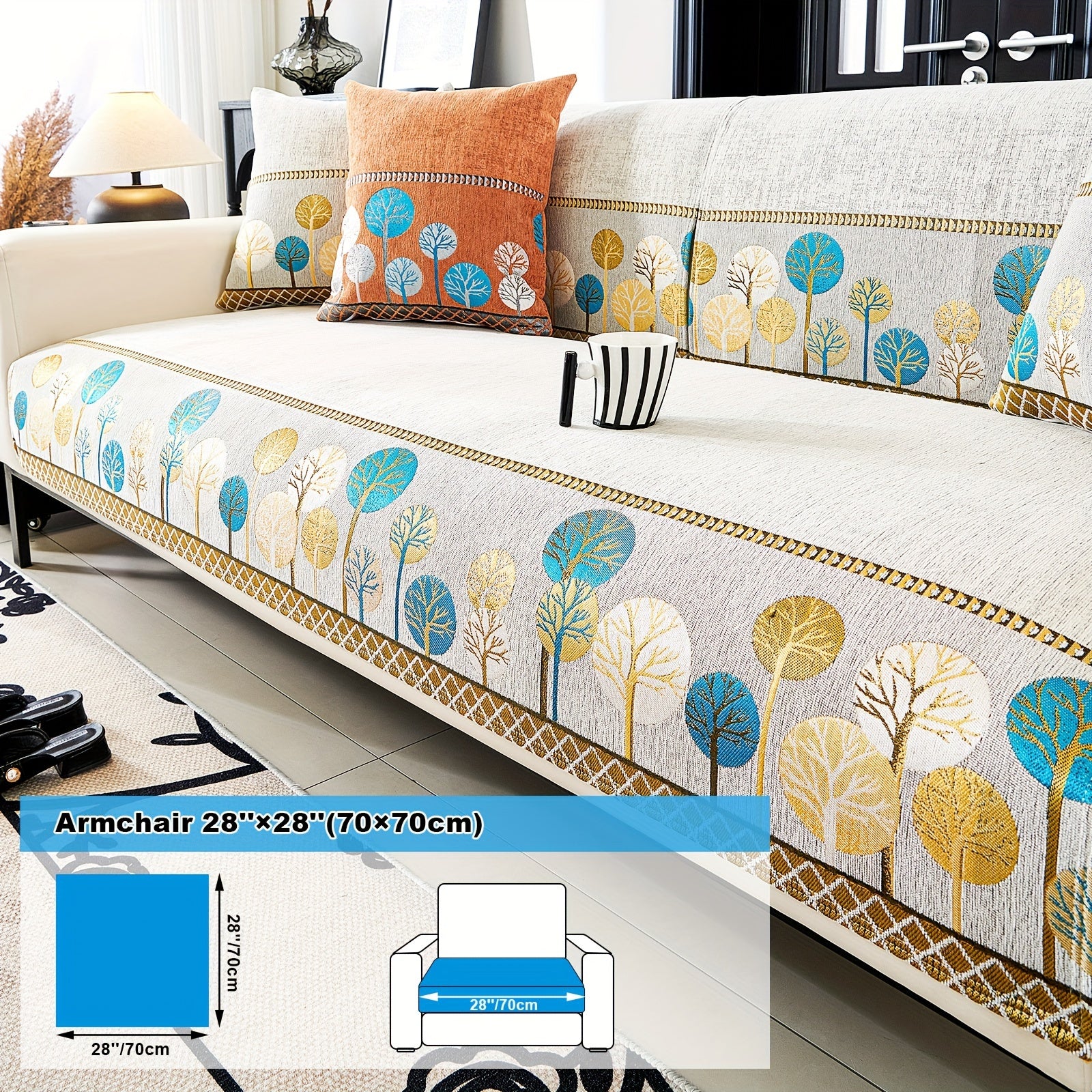 Chenille Sofa Slipcover with Geometric Embroidery Pet-Friendly Fabric for Home Decor