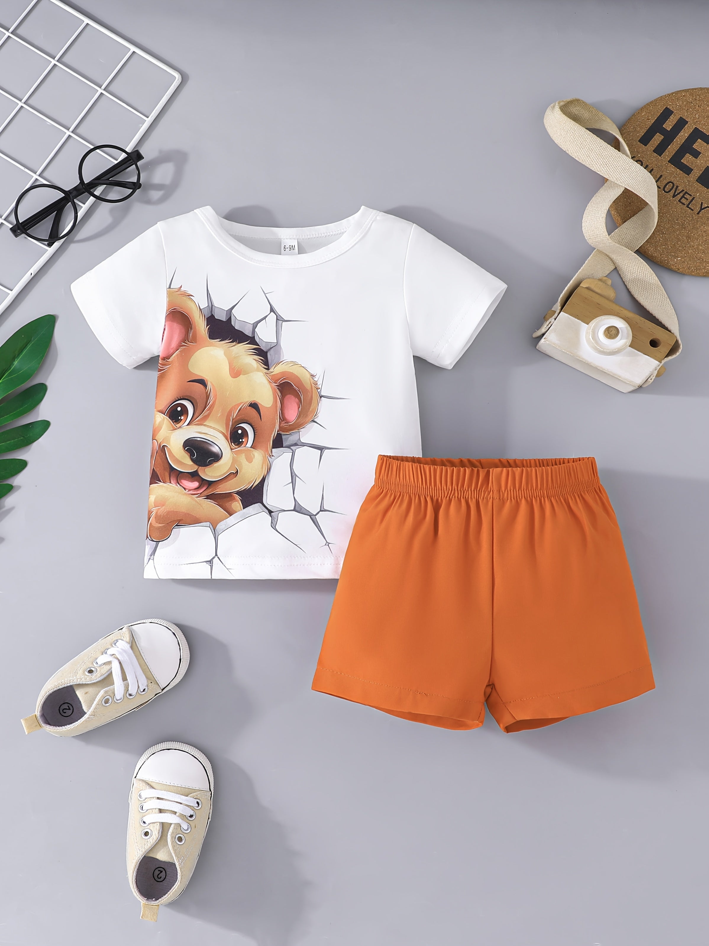 Boys' Spring Fall Cartoon Dog Print T-Shirt and Orange Shorts Outfit Set