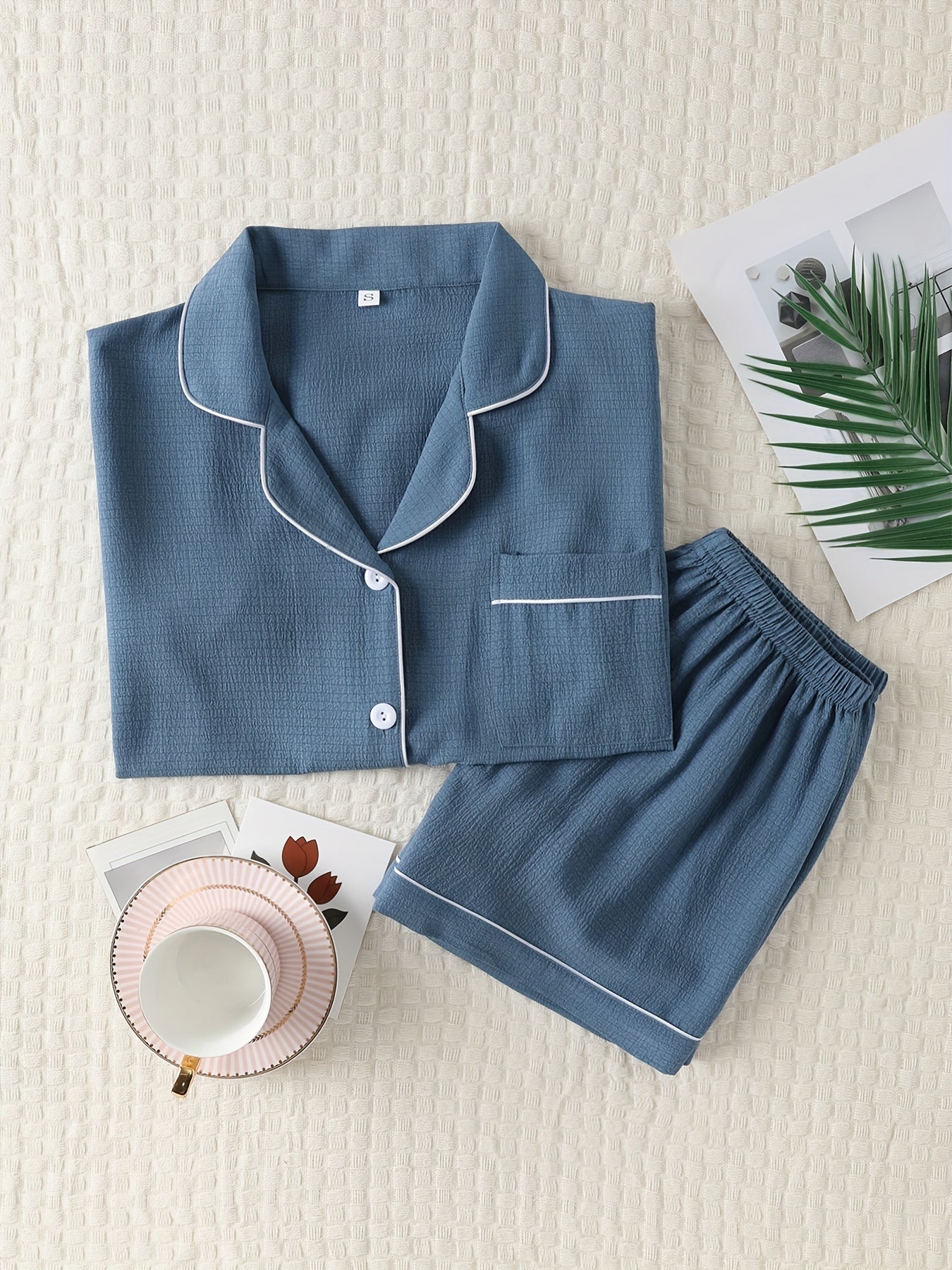 Women's Summer Pajama Set Short Sleeve Button-Up Top with Lapel Collar and Elastic Shorts