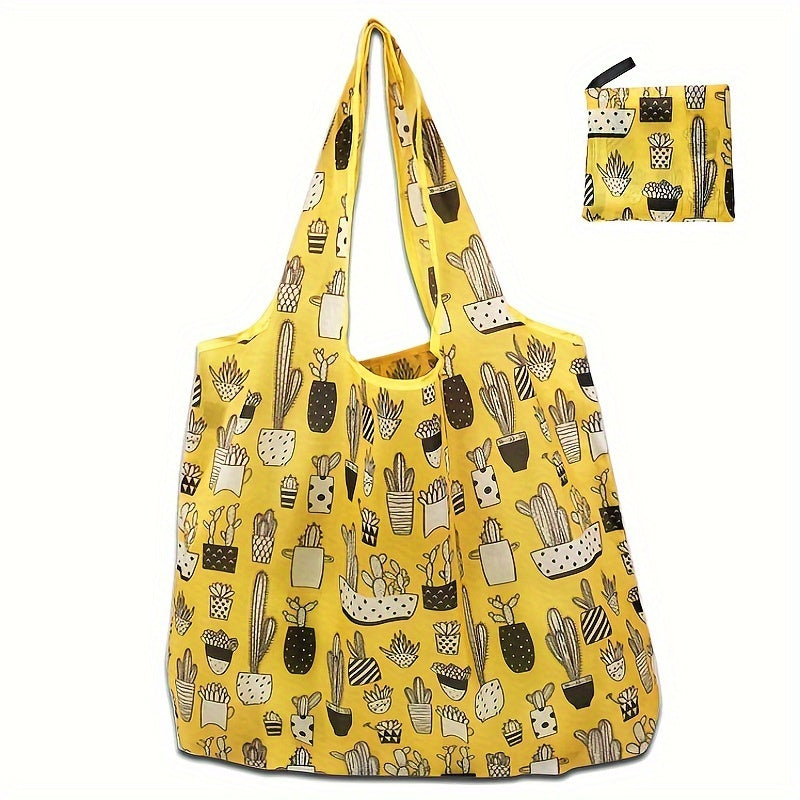 Lightweight Washable Grocery Tote Bag with Cartoon Cactus Design, Large Capacity