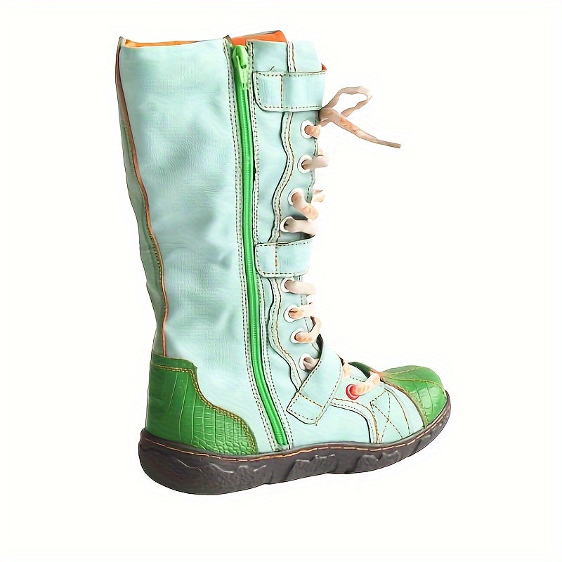 Women's Colorblock Boots with Side Zipper Soft Sole Buckle Platform Western Round Toe