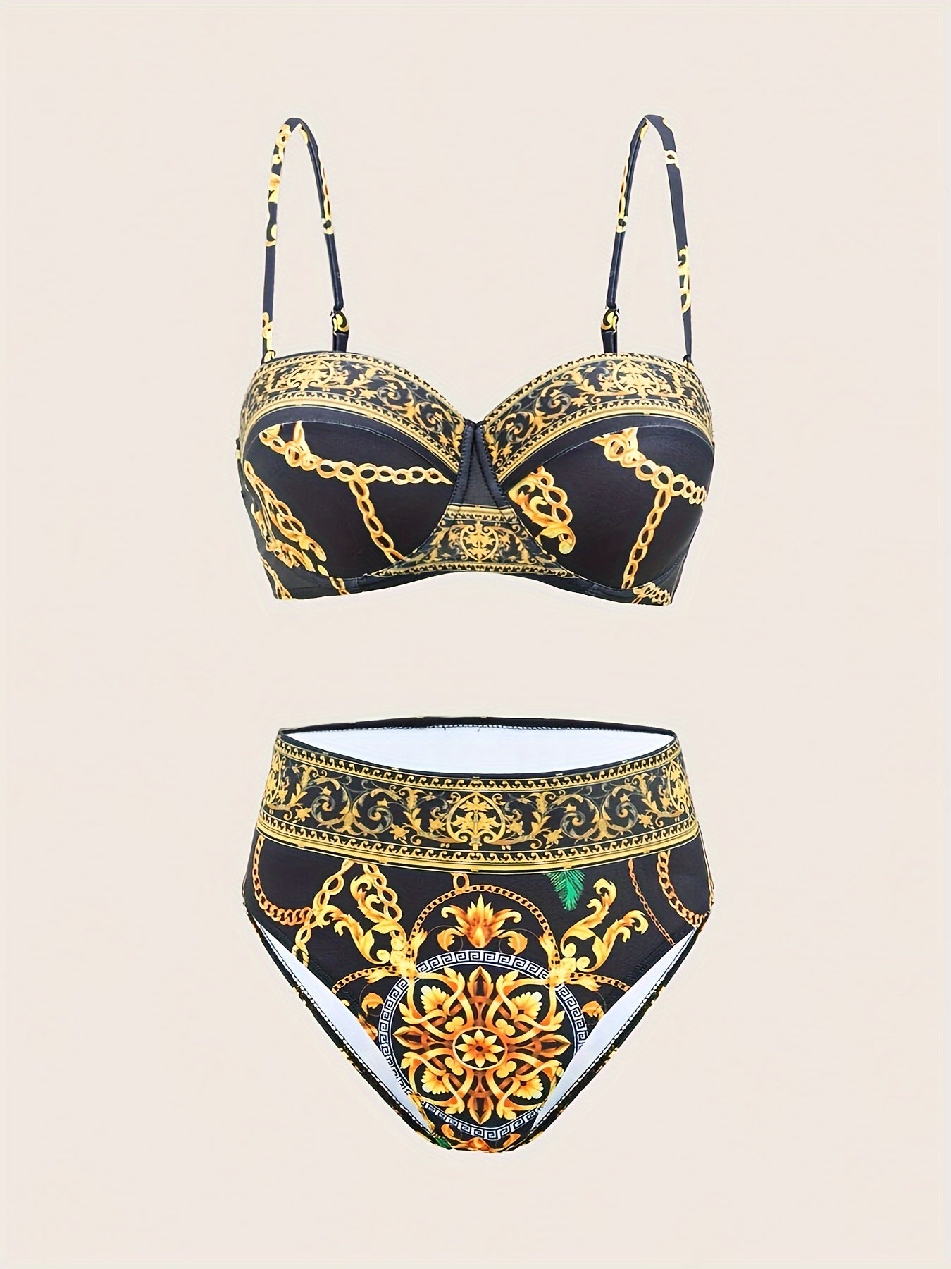 Boho Style Off the Shoulder Bikini Set with Geometric Pattern High Stretch Polyester Elastane for Women