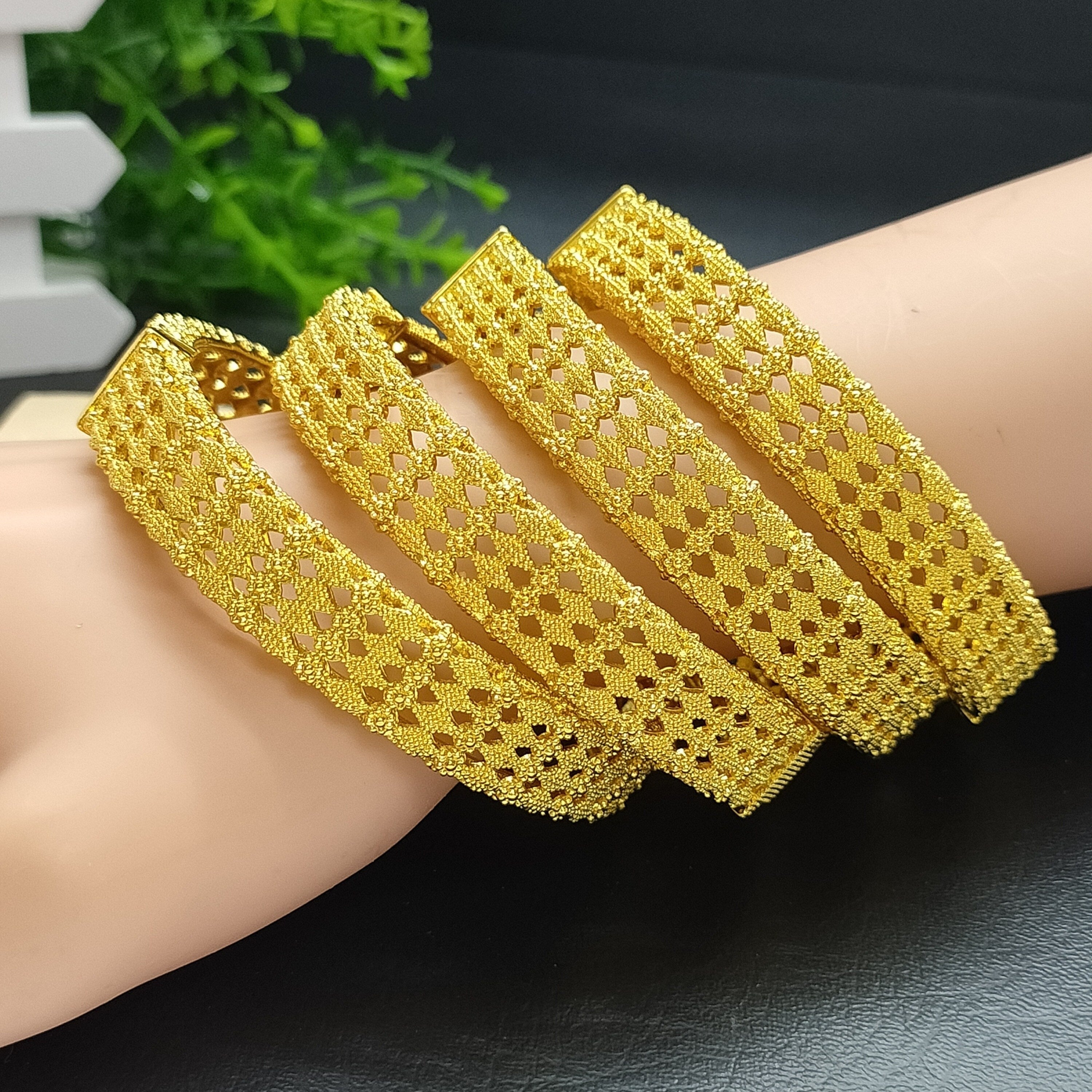 Set of 4 Women's Carved Silver Bangle Bracelets for Wedding and Gift