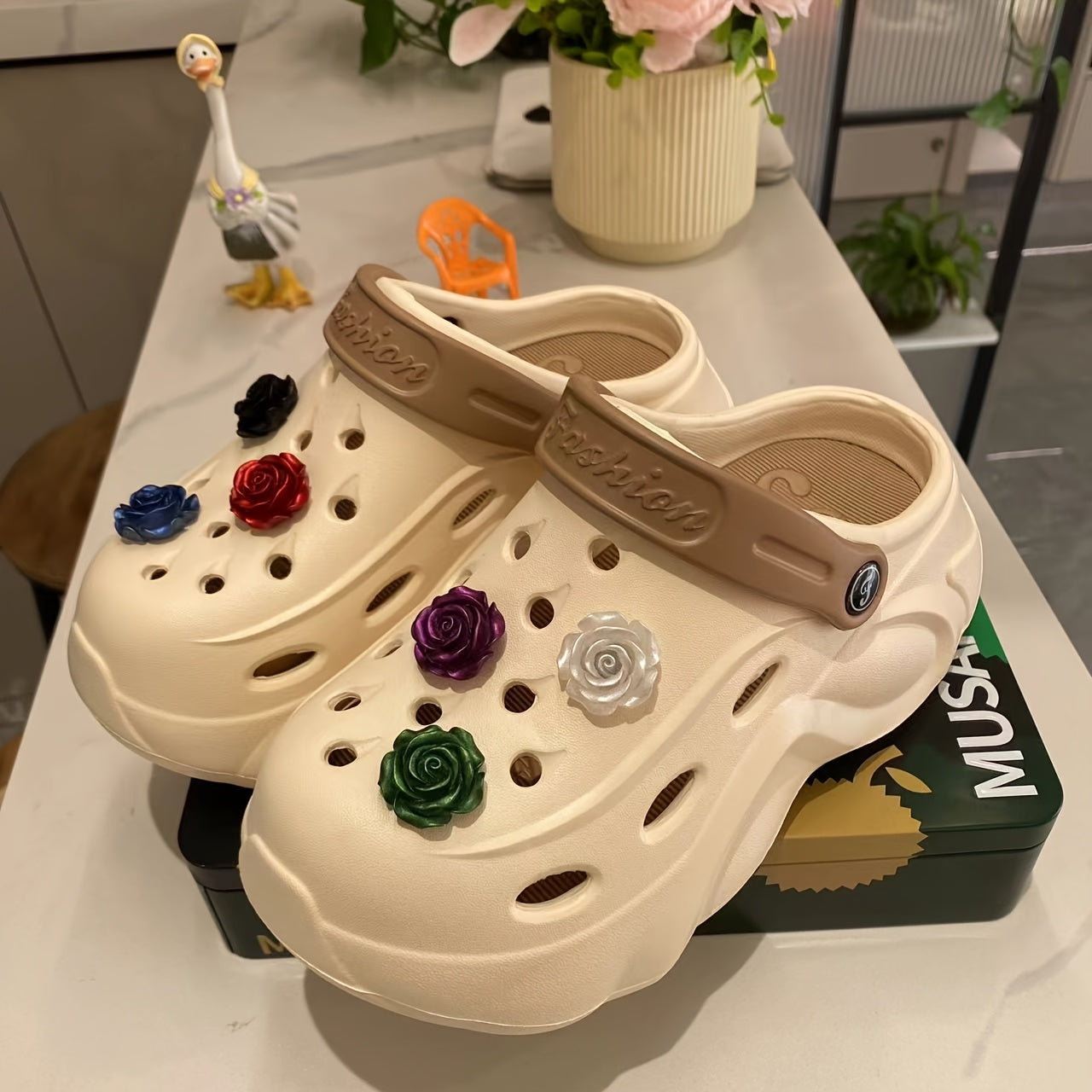 Women's Breathable EVA Clogs with 3D Rose Design, Platform Heel, Indoor Outdoor