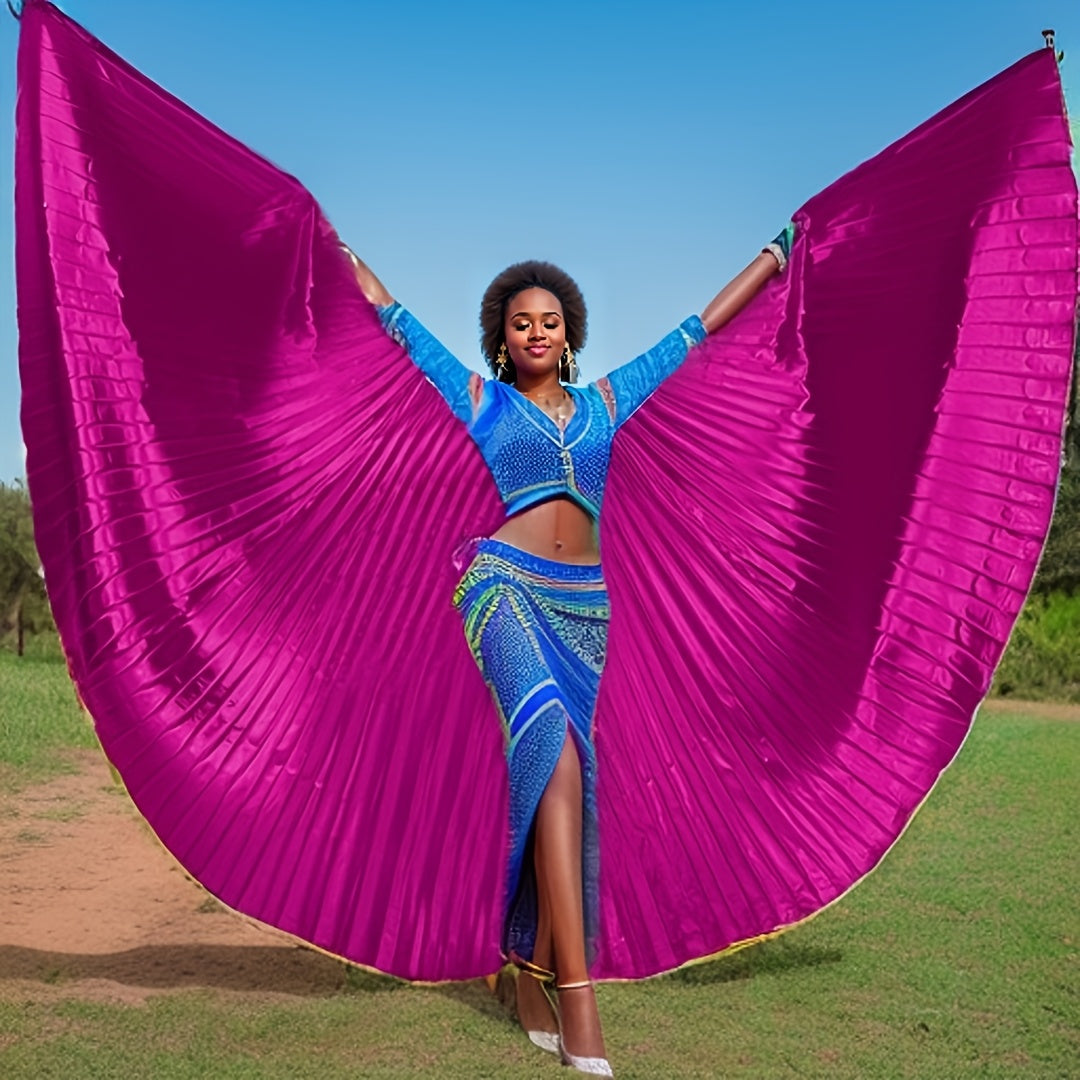 Golden Butterfly Wings Belly Dance Costume with 360° Cape Telescopic Sticks Fits 61-69 Inches