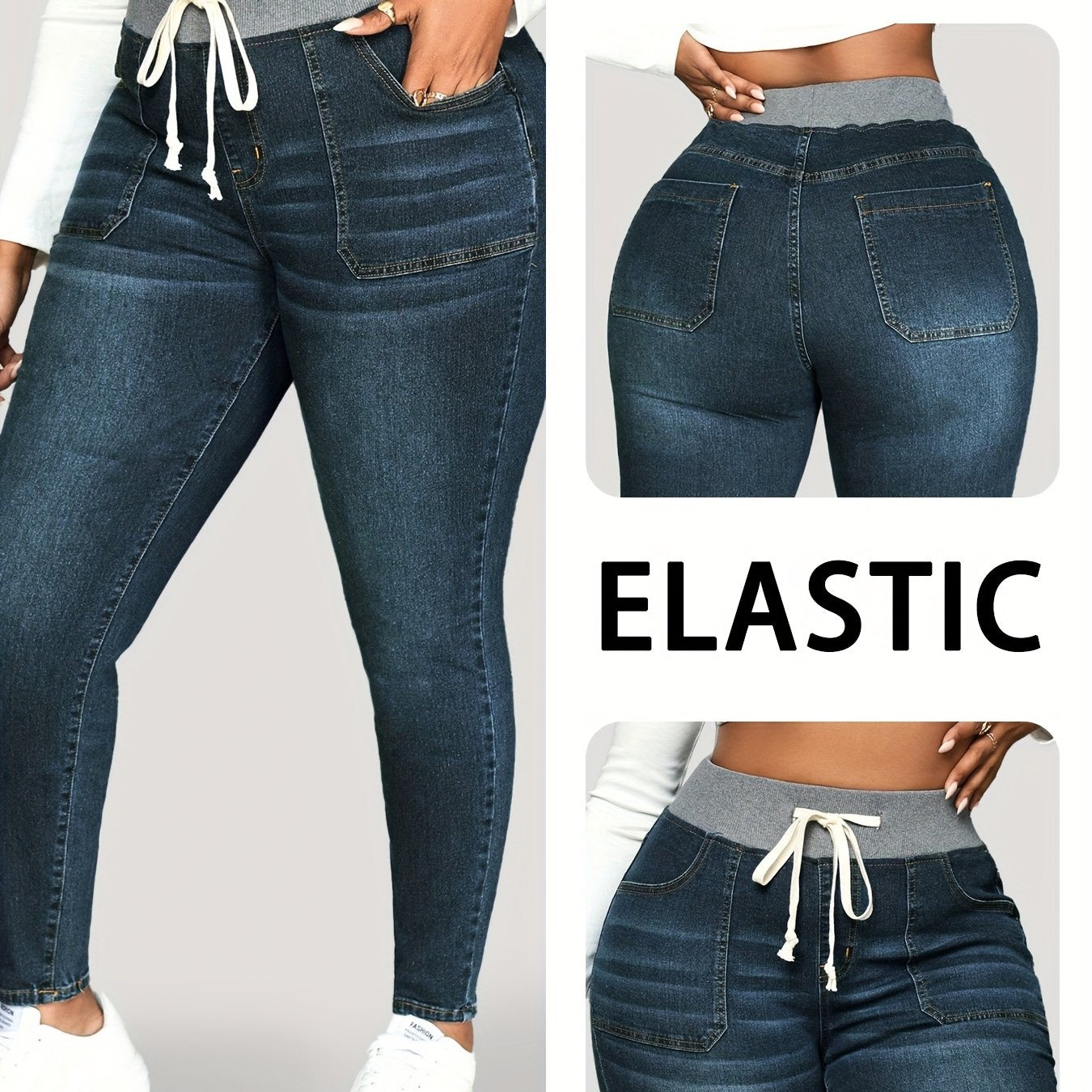 Women's Stretch Denim Jeans Slim Fit Light Blue with Elastic Waist