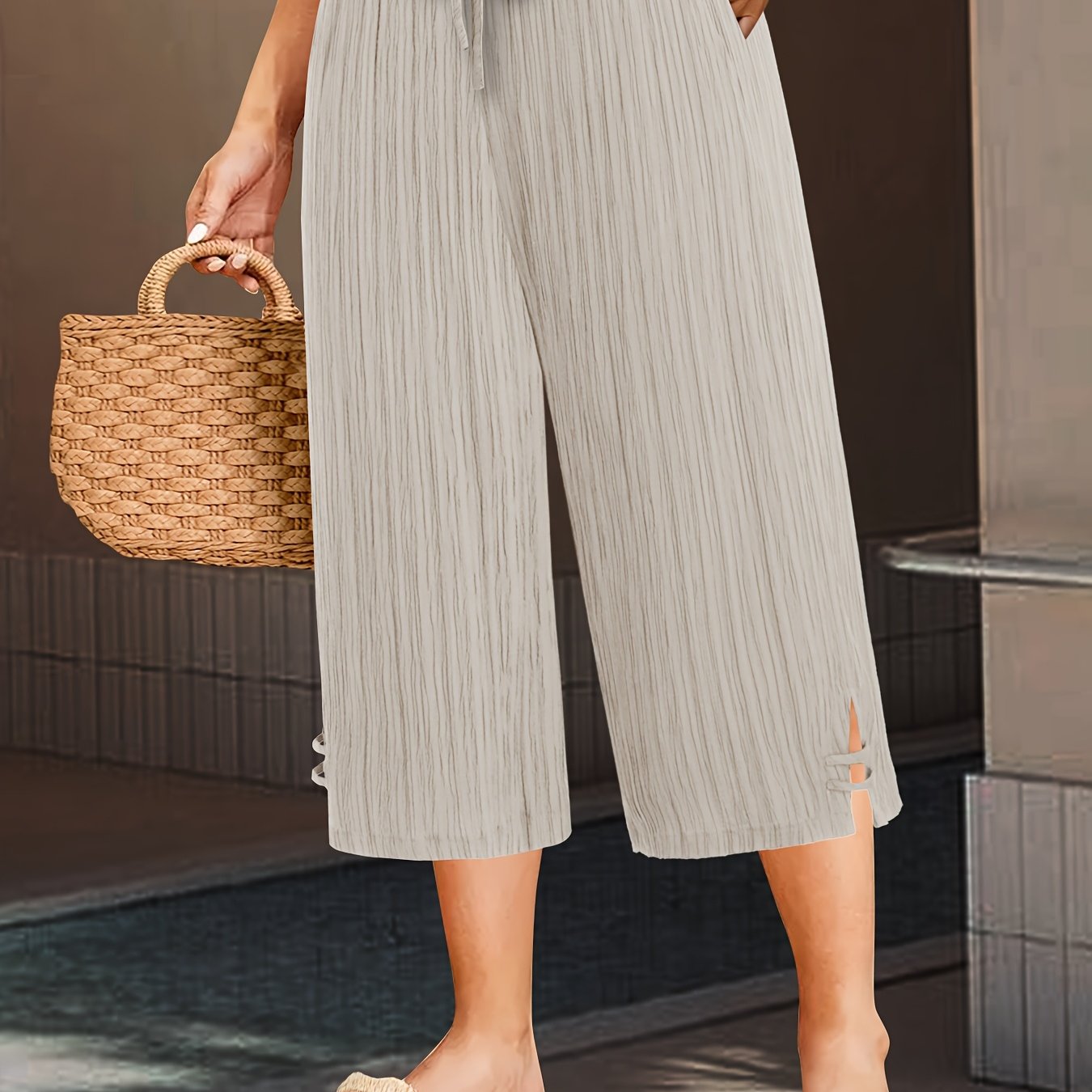 Plus Size Women's Pleated Striped Wide Leg Pants with Side Slit