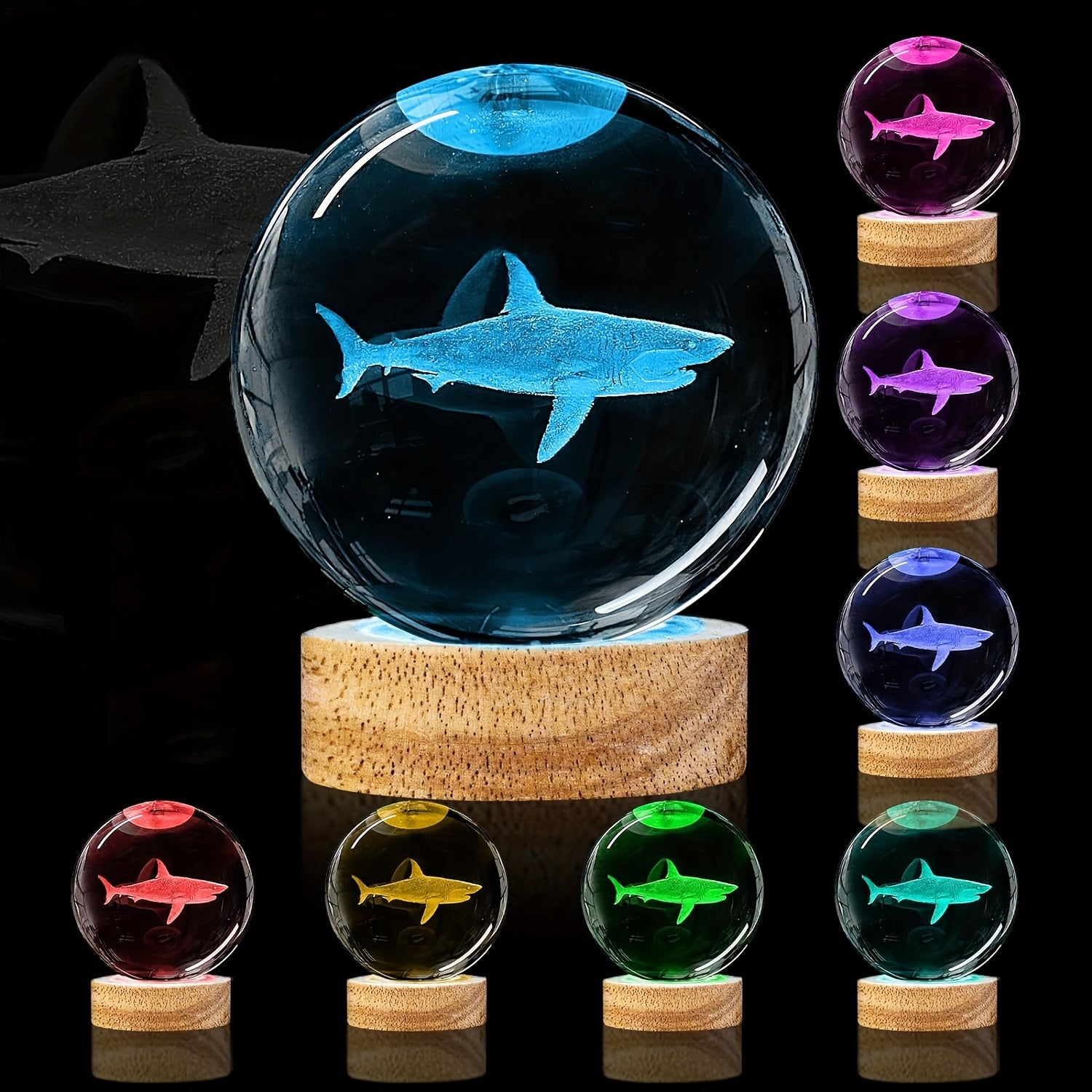 3D Shark Crystal Ball Night Light with Wooden LED Base USB Powered Bedroom Decor Gift