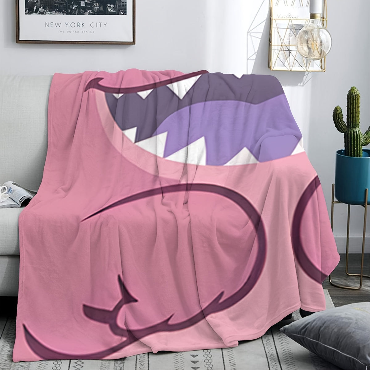Pink Plush Throw Blanket with Cartoon Design Soft Polyester Knit for Bed Sofa Travel