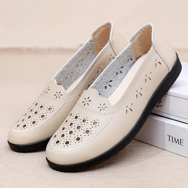 Women's Summer Slip-On Flat Sandals with Floral Cutouts Non-Slip PU