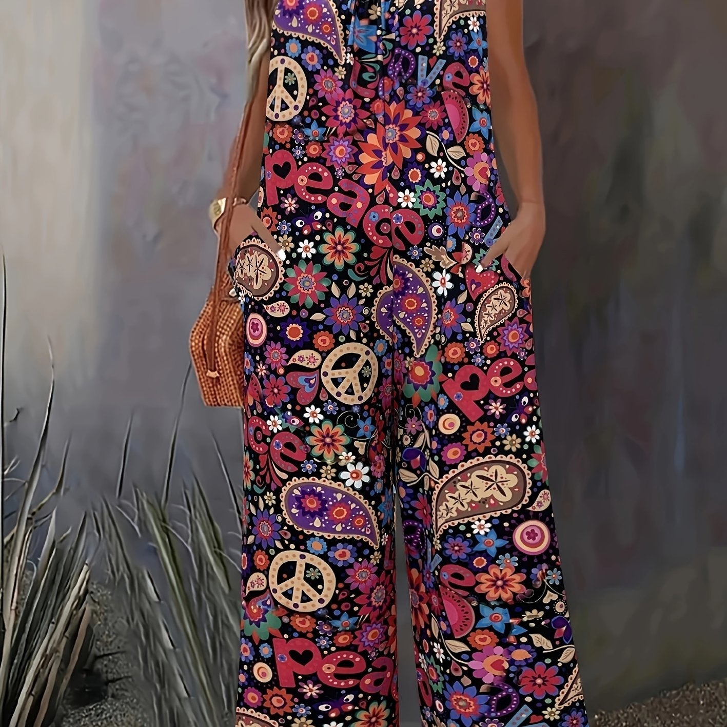 Plus Size Floral Print Wide Leg Jumpsuit Sleeveless Casual Pockets Women