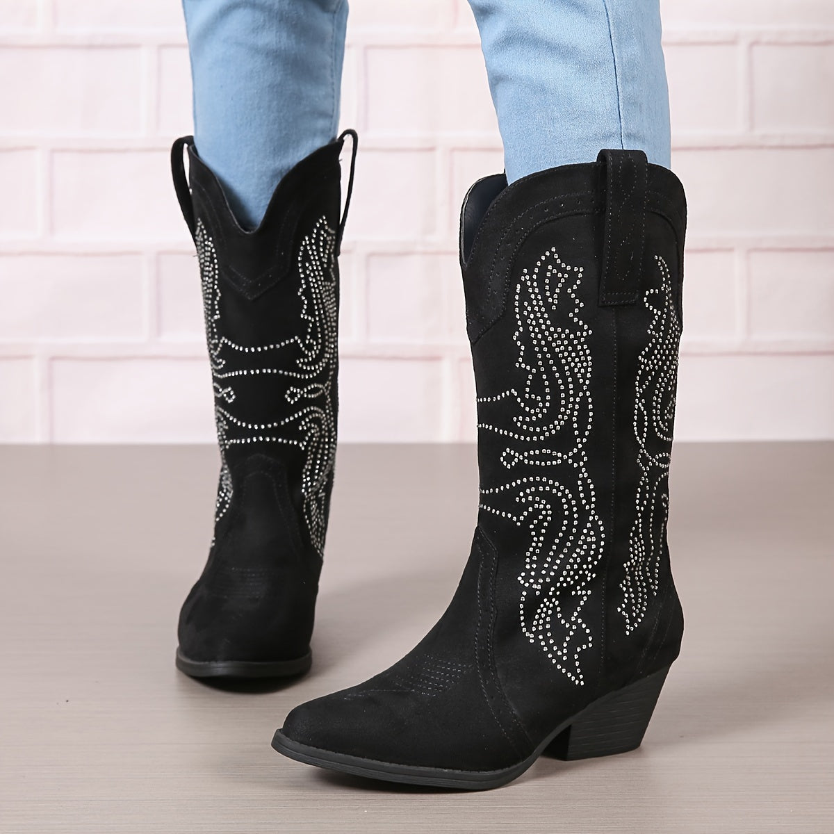 Women’s Mid-Calf Western Boots Fabric Floral Pointed Toe Winter