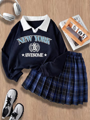 Girls Teen Fall Winter Polyester Sweatshirt and Plaid Skirt Set with Rib-Knit Detail