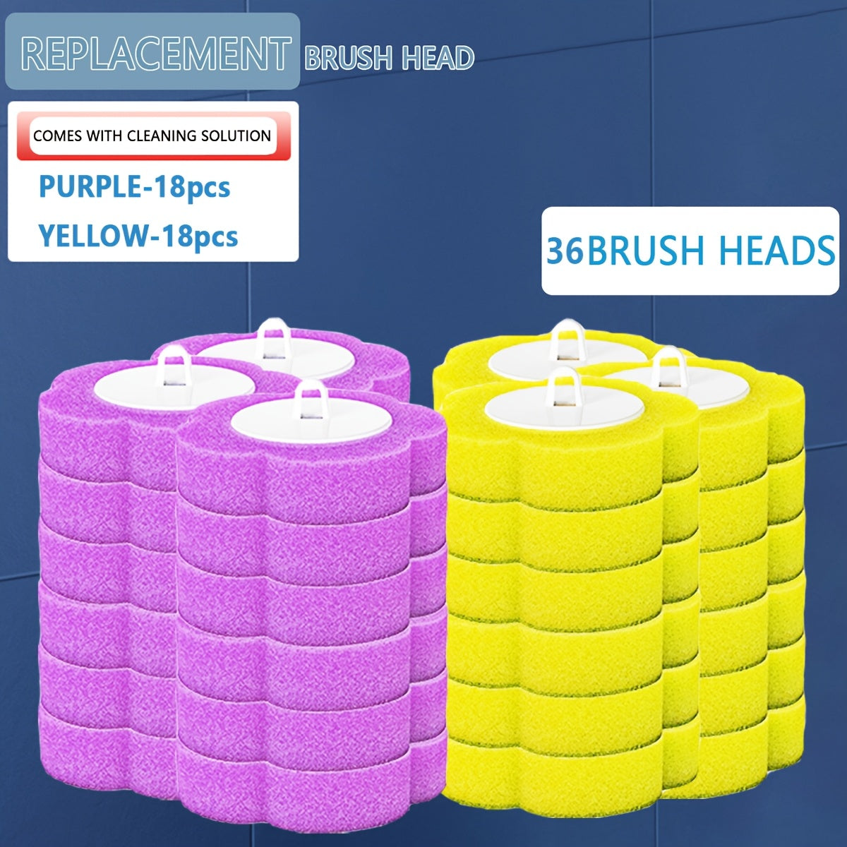 Replaceable Toilet Brush Set with 2 Replacement Heads in Yellow and Purple