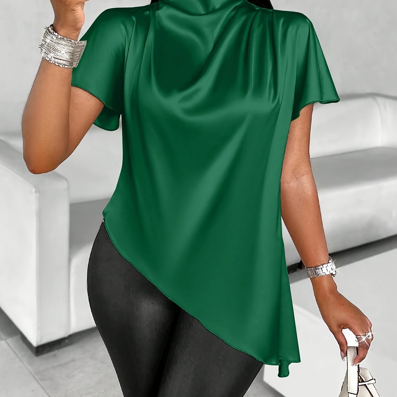 Women's Satin Blouse with Batwing Sleeves, Asymmetrical Hem, Solid Color