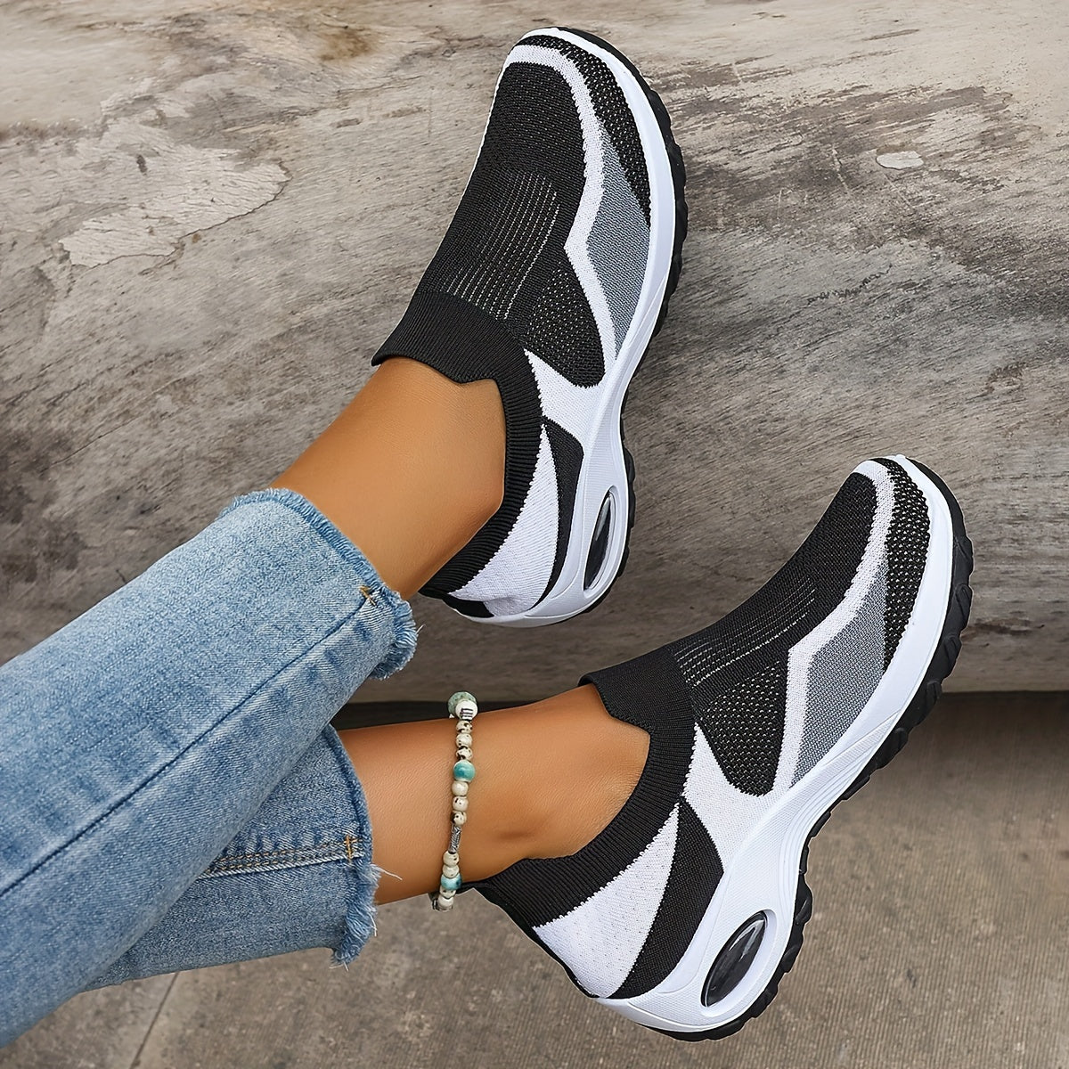 Ayollar uchun nafas oladigan to'qilgan chunky sneakers, kundalik slip-on sport poyafzallari