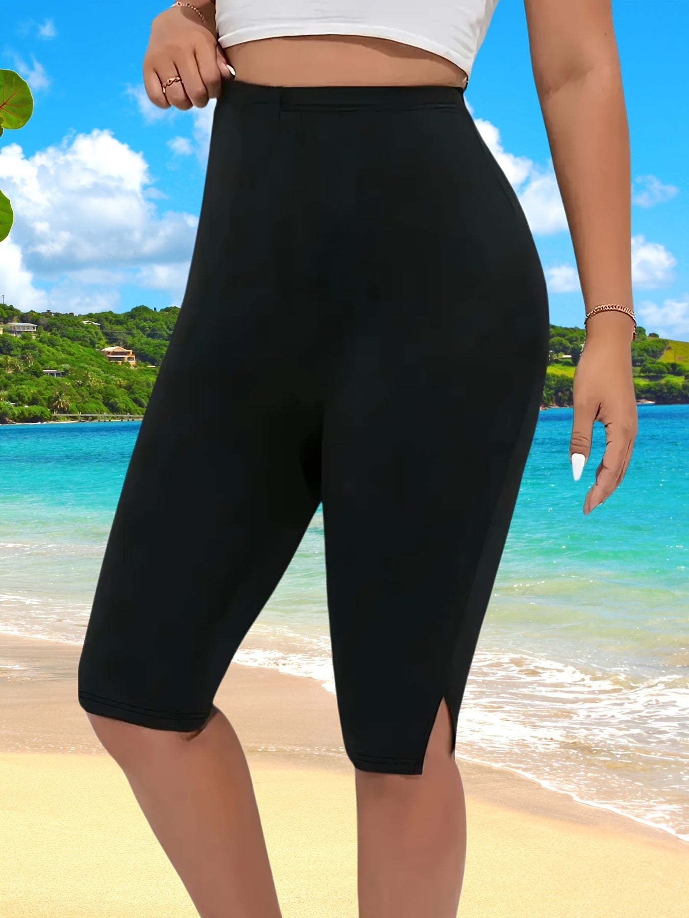 Women's Plus Size Bermuda Shorts Elastice Knit Solid Color Casual