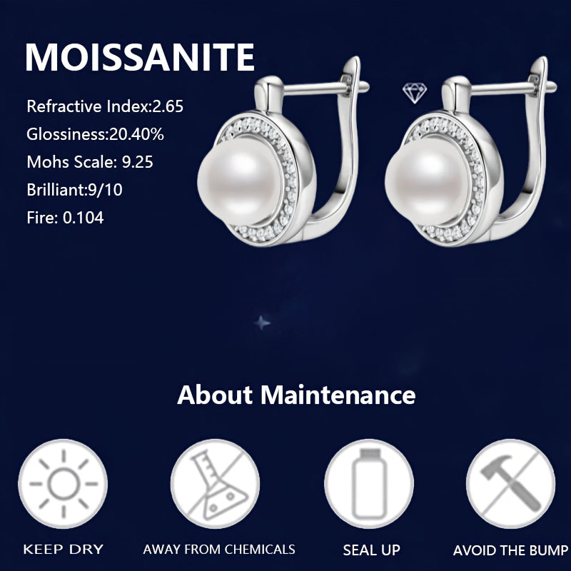 Vintage Pearl Stud Earrings in Elegant 925 Sterling Silver with Moissanite - Round, Luxurious Unisex Design for Special Occasions and Everyday Wear - Perfect for Engagement, Wedding, Anniversary, Romantic Gifts, Parties, and Travel - Comes in Gift Box