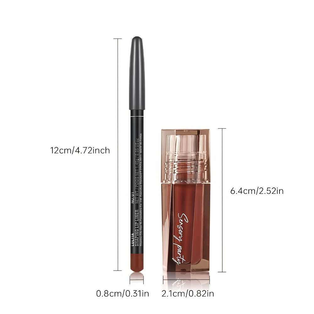 Women Lip Gloss and Lip Liner Set Dewy Finish Brown Long-Lasting Matte