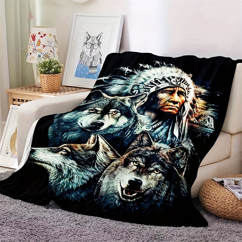 Retro Indian and Wolf Pattern Printed Blanket with Flange Soft Warm Fabric for Sofa Bed Camping