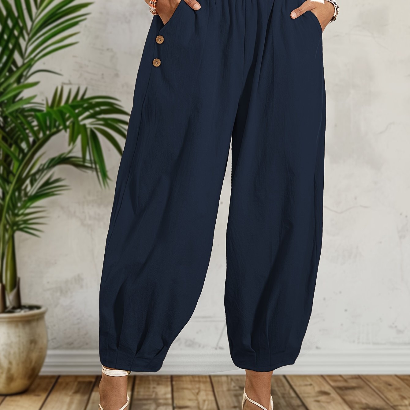 Plus Size Tapered Cotton Pants Pleated Button Hem Ladies' Fashion