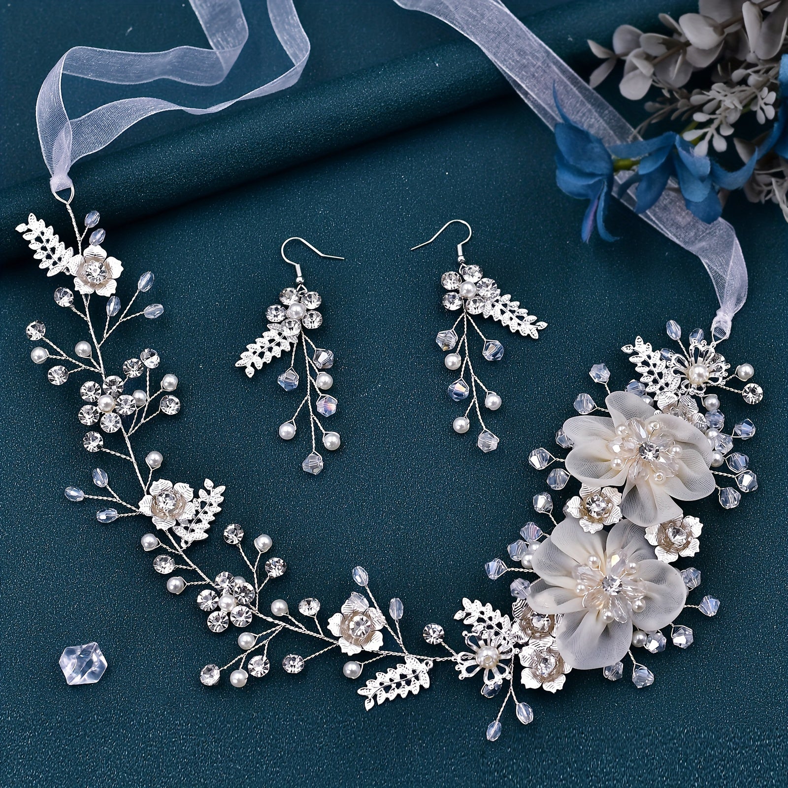 Bridal Hair Accessory Set Headband and Earrings with White Flowers and Rhinestones