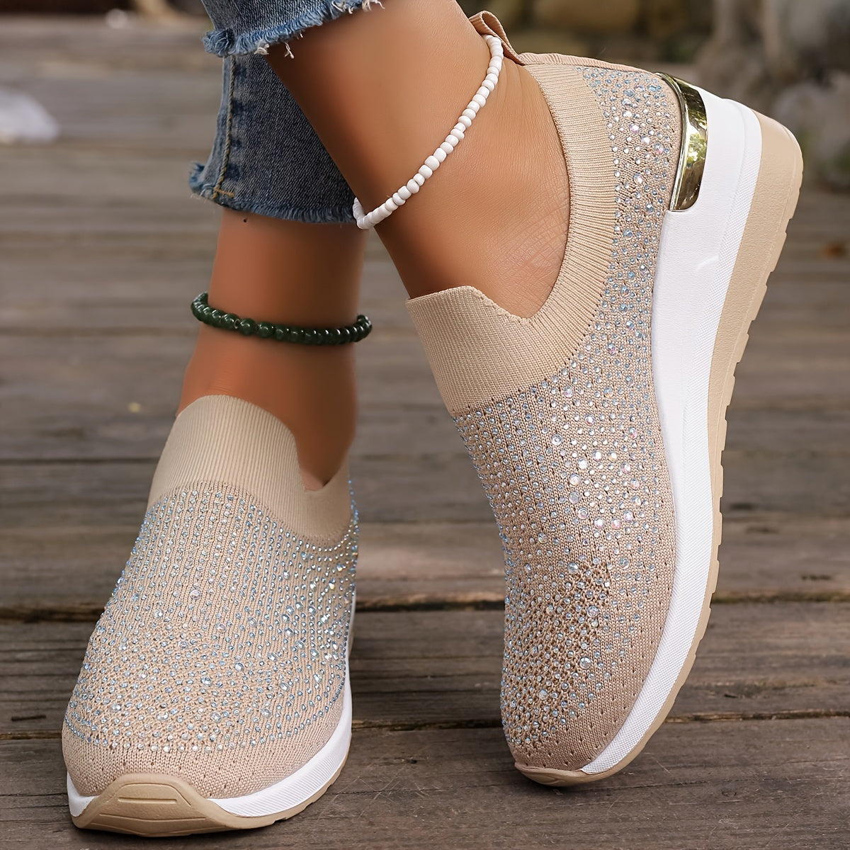 Women's Rhinestone Decor Platform Sneakers Casual Slip-On Outdoor Shoes