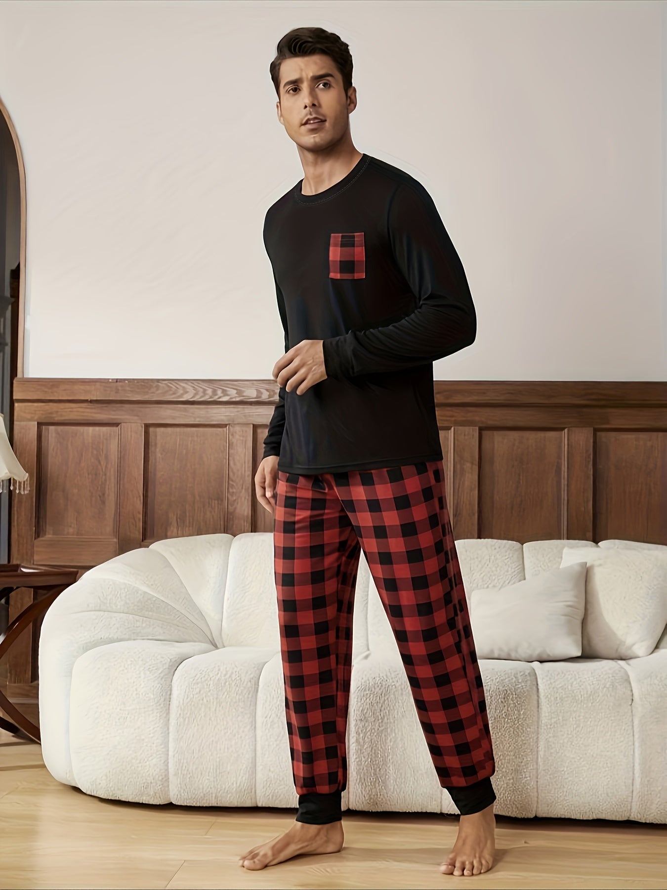 Men's Long Sleeve Plaid Pajama Set in Polyester Knit Fabric with Pockets for Fall Winter