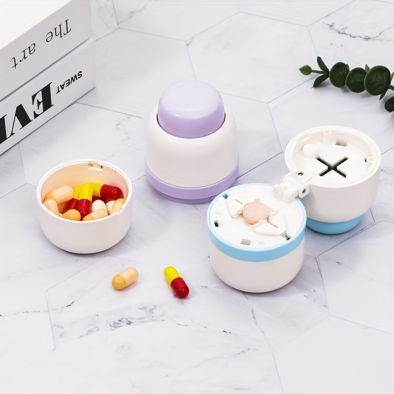 Oson dozajni boshqarish uchun ichki pichoq bilan jihozlangan portativ tabletkalarni kesish va bo‘lish uchun mo‘ljallangan ixcham dori qutisi.