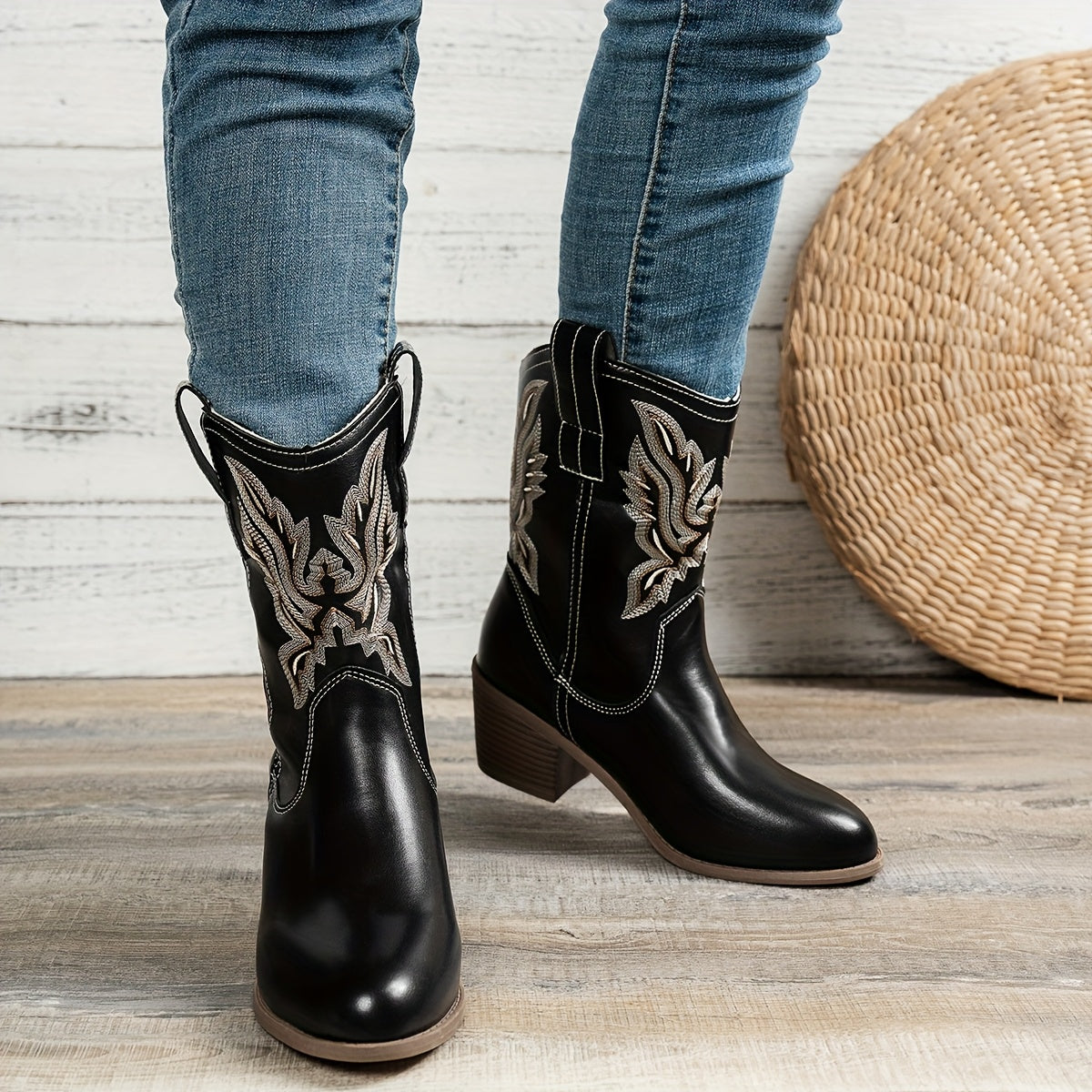 Women's Leather Cowboy Boots with Pointed Toe and Chunky Heel