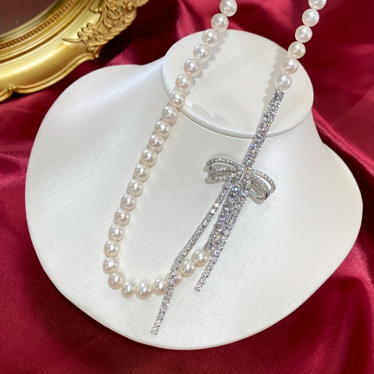 Pearl Necklace with Cubic Zirconia Bow for Weddings and Special Events