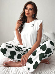 Conjunto de descanso con estampado de corazones y mangas con volantes para mujer, con pantalones de cintura elástica
