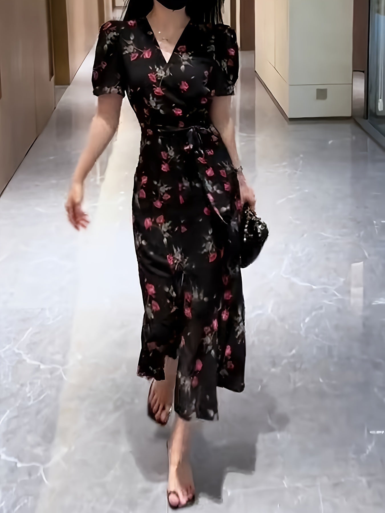 Floral V-Neck Midi Dress with Tie Waist Short Sleeves Mermaid Hem for Summer