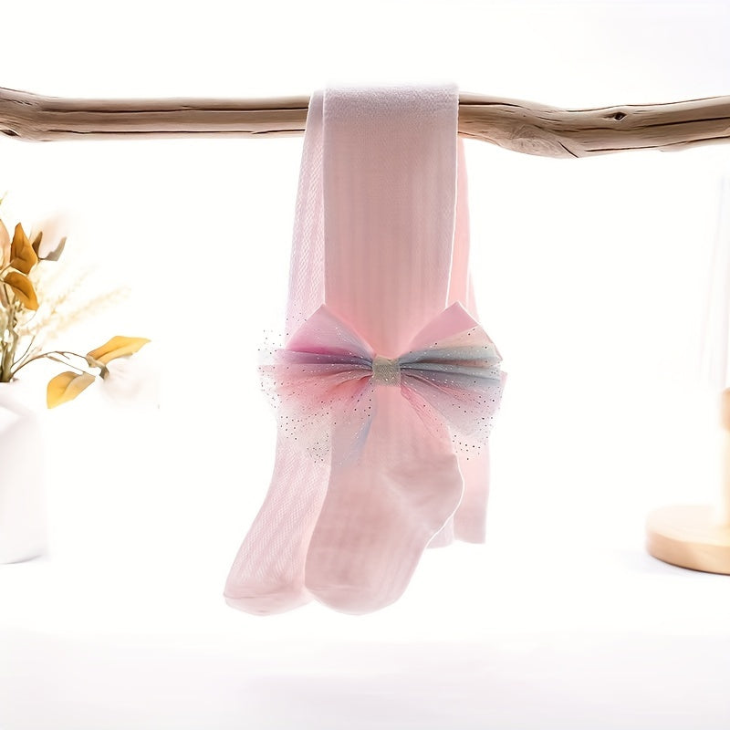 Girls Floret Patterned Pantyhose with Bow Tie Solid Knit Base Layer for Toddlers in Spring and Autumn