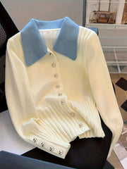 Cárdigan de punto con bloques de color para mujer, poliéster, alto estiramiento, otoño e invierno, elegante