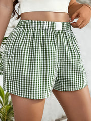 Women's Plaid High-Waisted Shorts Green White Gingham Casual Wide-Leg