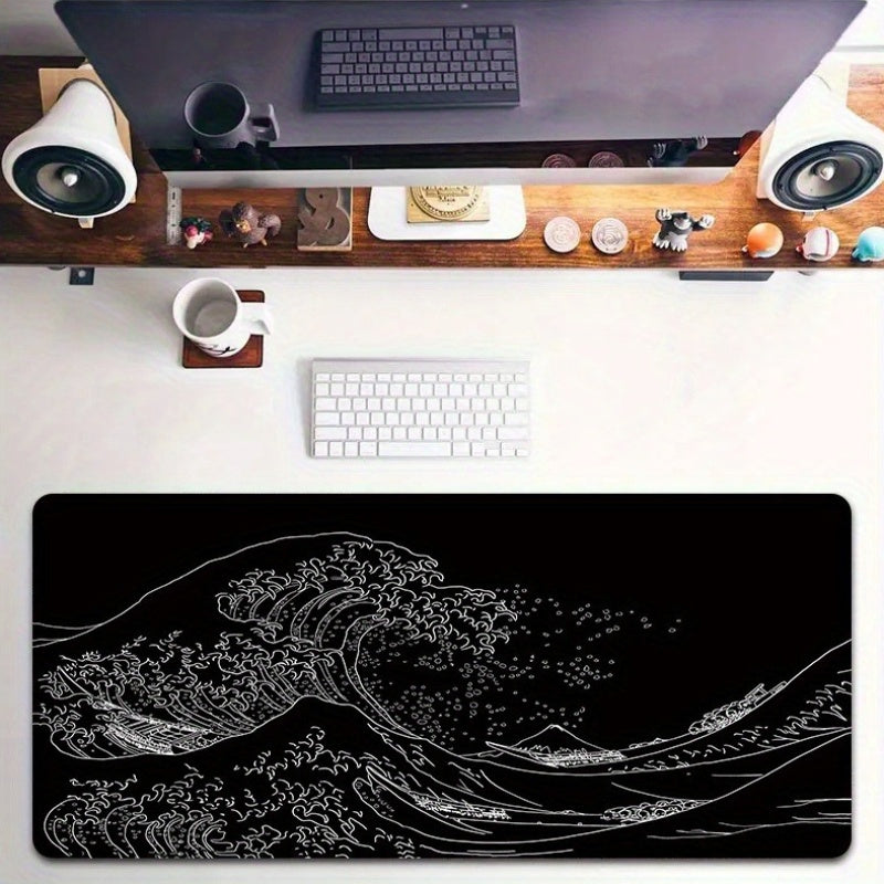 Large Gaming Mouse Pad with Japan Black Sea Wave Design Non-Slip Rubber Base Extended Desk Mat for Keyboard and Mouse