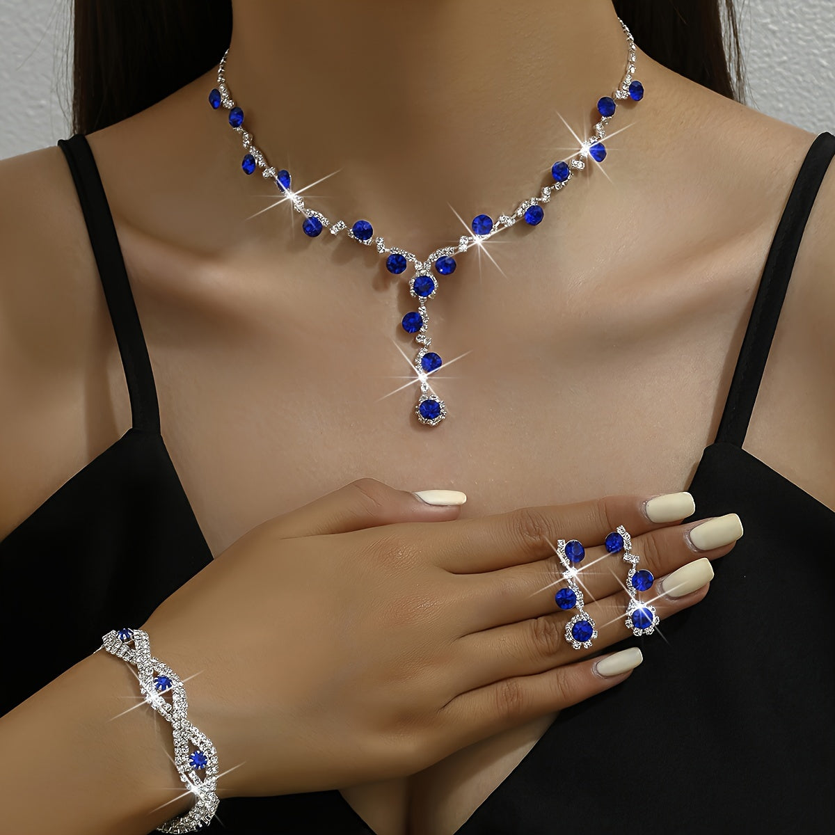 Sapphire Blue Jewelry Set with Necklace Earrings and Bracelet Synthetic November Birthstone