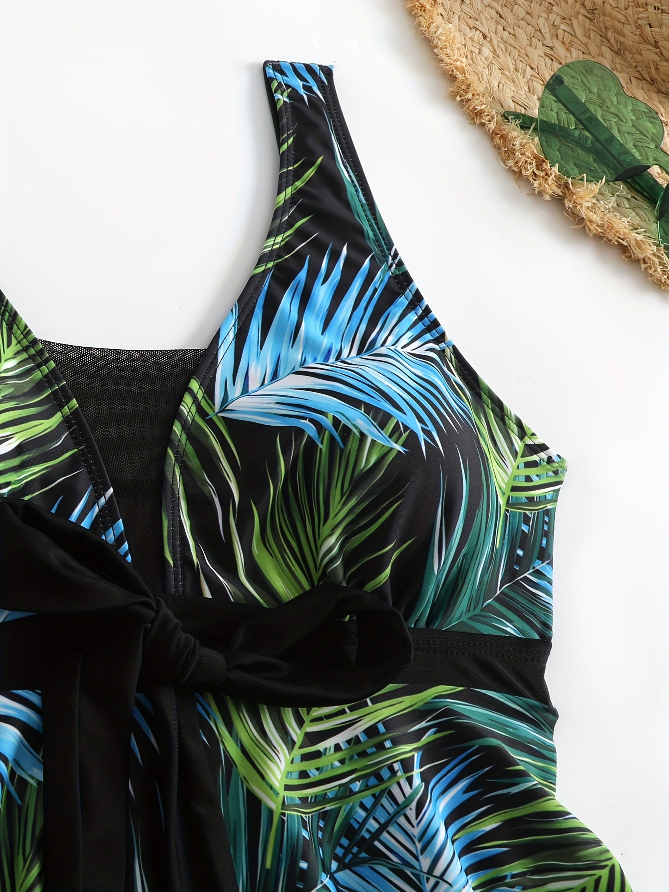 Women's Leaf Print Mesh Backless One-Piece Swimsuit with High Stretch Fabric