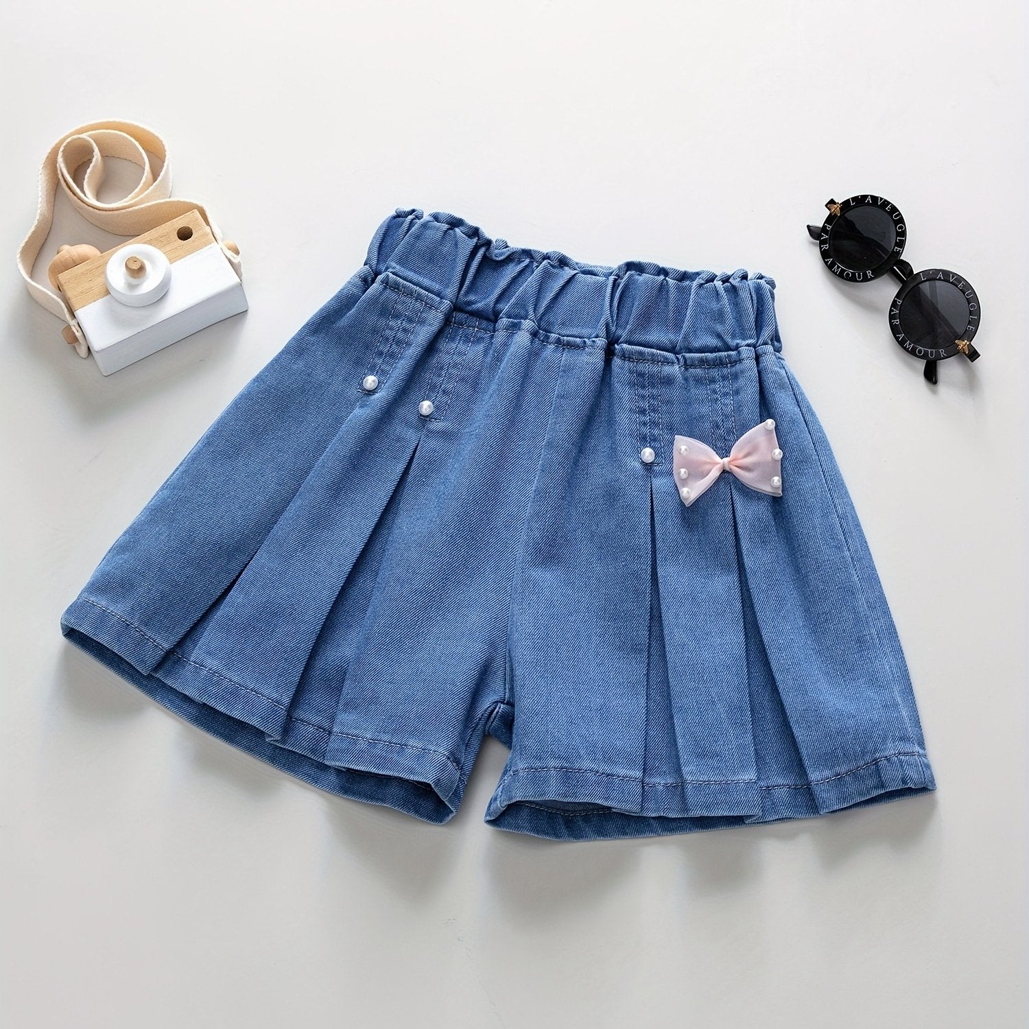 Girls' Denim Pleated Skirt and Ruffled Shorts for Summer with Elastic Waist