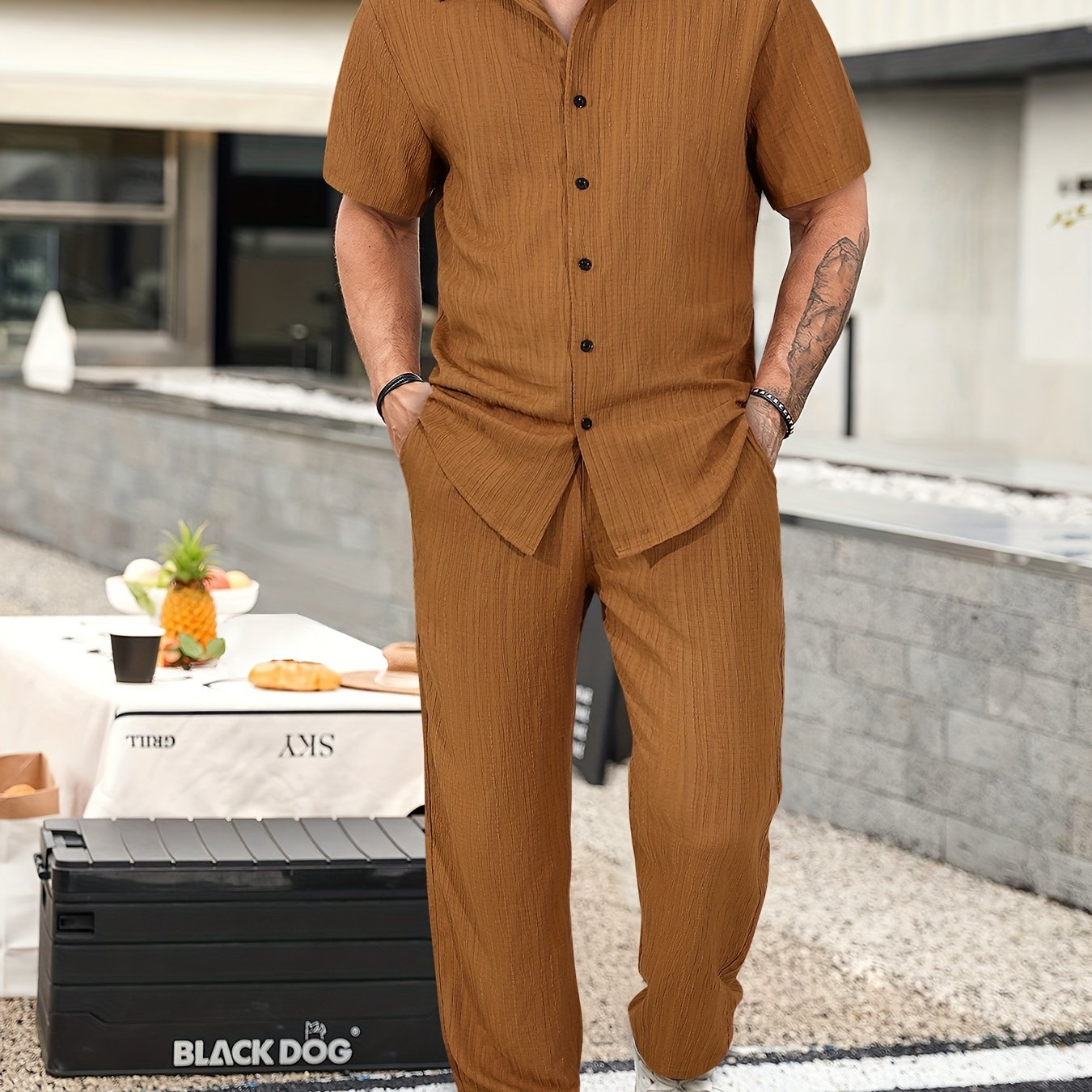 Men's Summer Casual 2-Piece Outfit Solid Color Shirt and Drawstring Pants